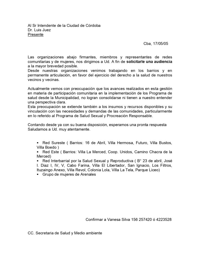 Lee más sobre el artículo Carta pedido de audiencia al Intendente de la Ciudad de Córdoba por el derecho a la salud