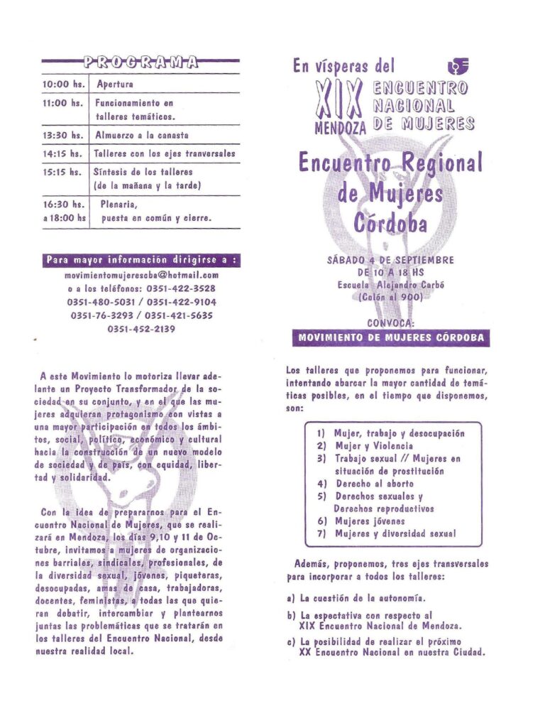 Lee más sobre el artículo Programa del Encuentro Regional de Mujeres Córdoba